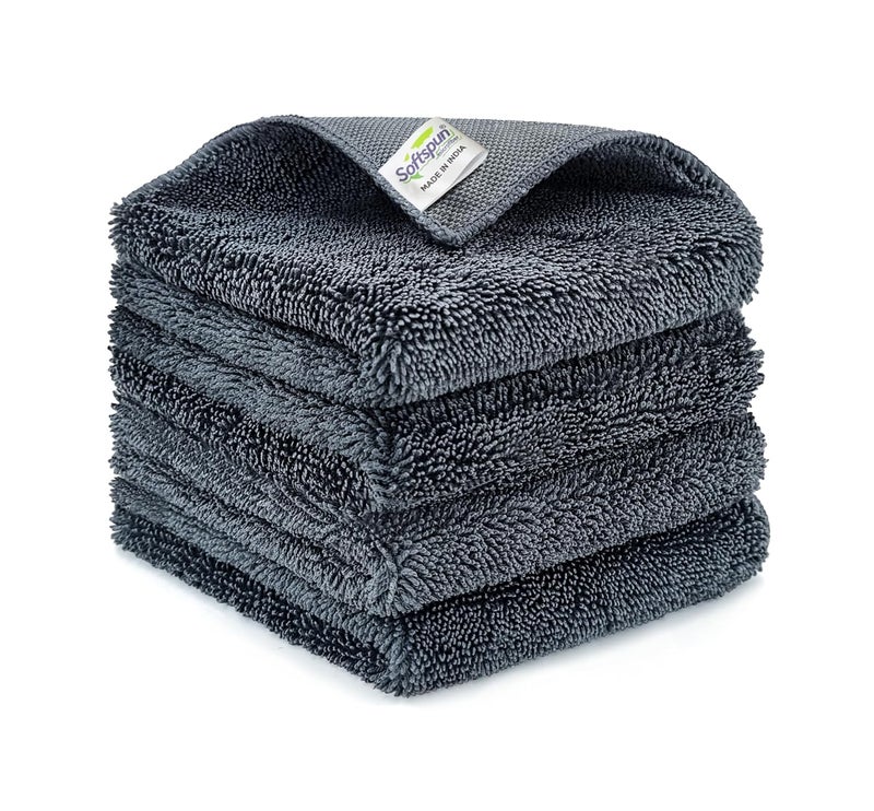 SOFTSPUN منشفة ميكروفايبر SOFTSPUN للسيارة - 600 GSM، 30x30 سم، 4 قطع، رمادي حلزوني سوبر ماص للسوائل - تصميم بدون حواف مع كومة فاخرة وقماش خالي من الوبر للتجفيف والتفاصيل. - Image 2