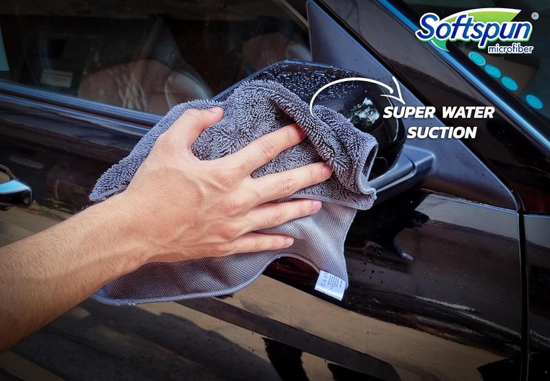 SOFTSPUN منشفة ميكروفايبر SOFTSPUN للسيارة - 600 GSM، 30x30 سم، 4 قطع، رمادي حلزوني سوبر ماص للسوائل - تصميم بدون حواف مع كومة فاخرة وقماش خالي من الوبر للتجفيف والتفاصيل. - Image 4