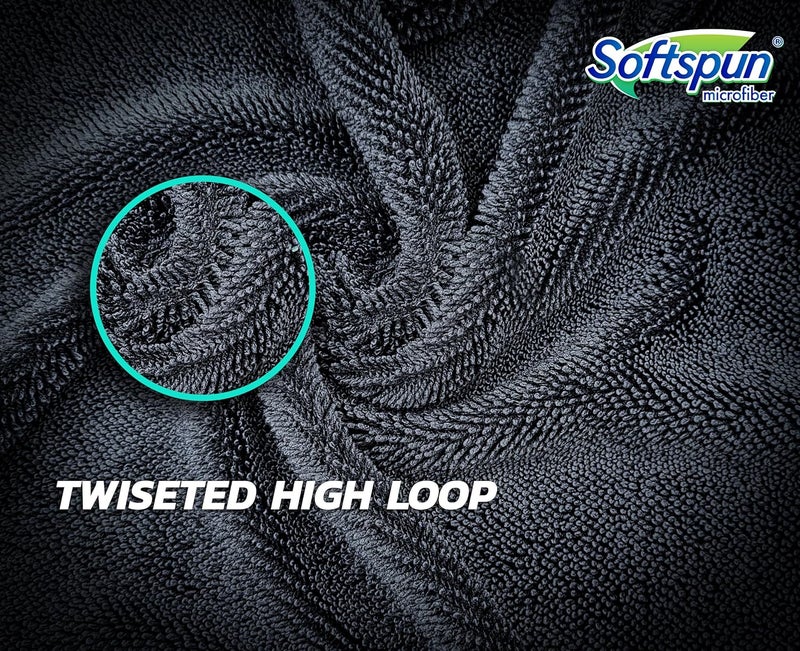 SOFTSPUN منشفة ميكروفايبر SOFTSPUN للسيارة - 600 GSM، 30x30 سم، 4 قطع، رمادي حلزوني سوبر ماص للسوائل - تصميم بدون حواف مع كومة فاخرة وقماش خالي من الوبر للتجفيف والتفاصيل. - Image 3