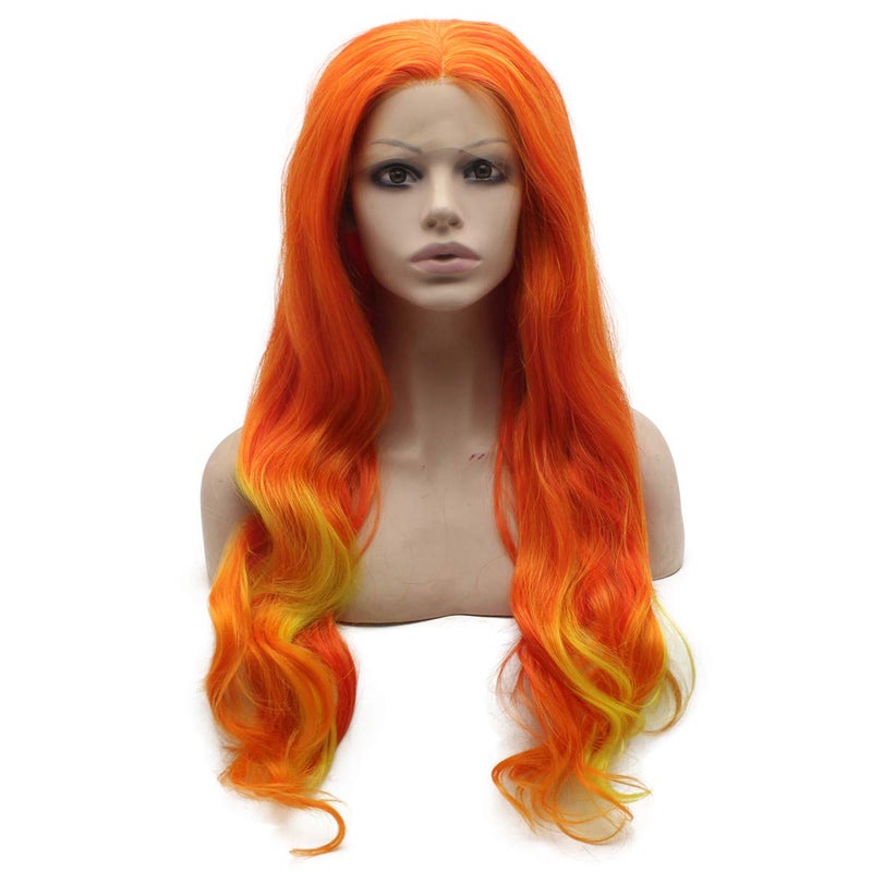 Mxangel Long Colorful Orange Yellow Two Tone Heat Friendly Fiber Lace front Cosplay Party Wig