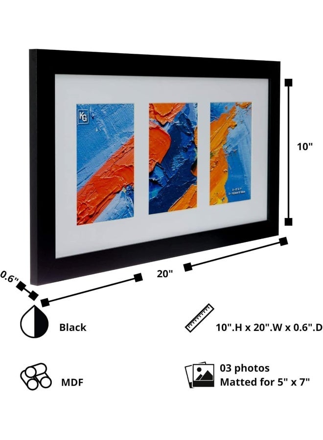Kiera Grace Matted Classic Langford Picture Frame Holds Three 5 x 7 Photos 10 x 20 Large Wood Picture Frame for Wall Hanging and Photo Display Black - Image 2