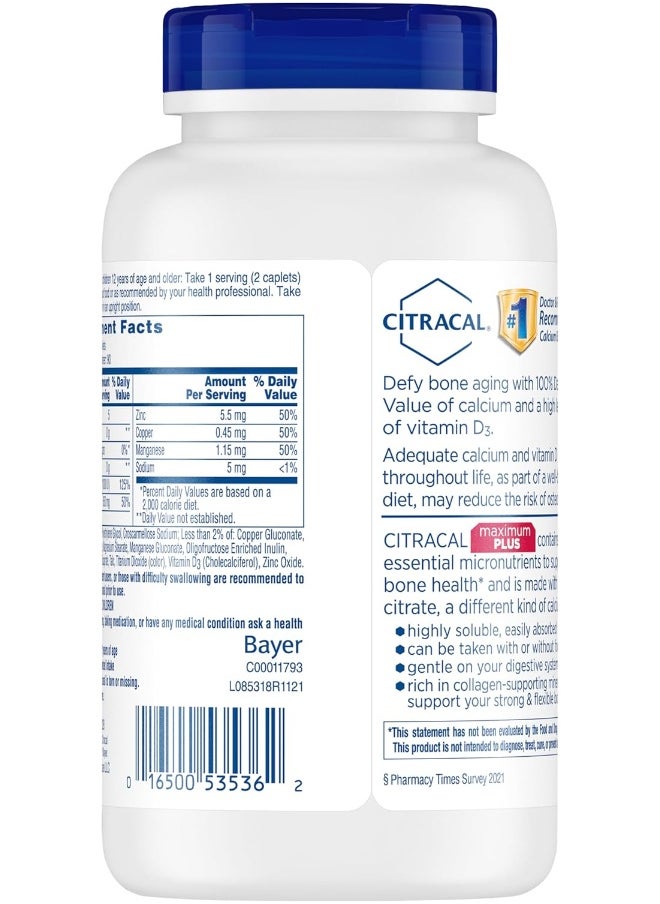 Citracal Maximum Plus Highly Soluble, Easily Digested, 630 mg Calcium Citrate With 1000 IU Vitamin D3, Bone Health Supplement for Adults, Caplets, 180 Count
