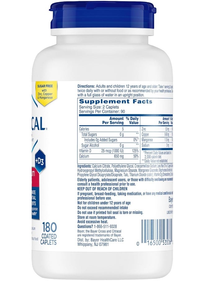Citracal Maximum Plus Highly Soluble, Easily Digested, 630 mg Calcium Citrate With 1000 IU Vitamin D3, Bone Health Supplement for Adults, Caplets, 180 Count