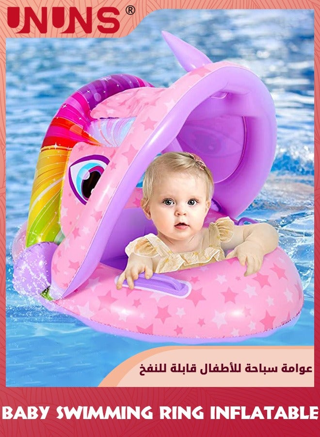UNUNS حلقة سباحة للأطفال مع مظلة، عوامة سباحة قابلة للنفخ للأطفال الصغار مع مظلة ومقعد، ألعاب حمام مائي خارجية للأنشطة الصيفية للبنات والأولاد من سن 1 إلى 6 سنوات، وحيد القرن الوردي  - Image 1