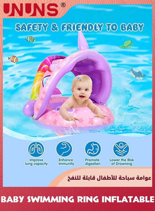 UNUNS حلقة سباحة للأطفال مع مظلة، عوامة سباحة قابلة للنفخ للأطفال الصغار مع مظلة ومقعد، ألعاب حمام مائي خارجية للأنشطة الصيفية للبنات والأولاد من سن 1 إلى 6 سنوات، وحيد القرن الوردي  - Image 3