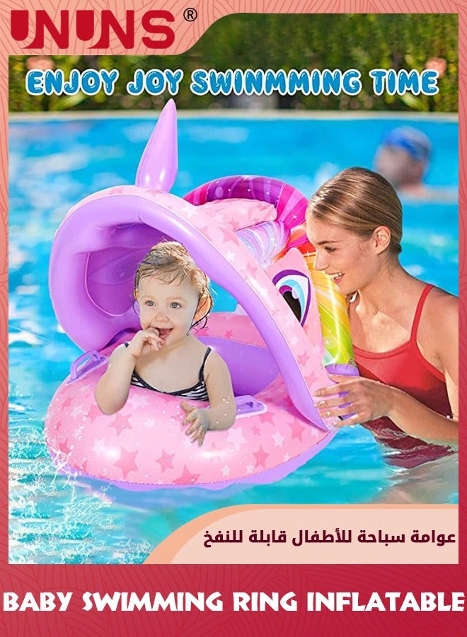 UNUNS حلقة سباحة للأطفال مع مظلة، عوامة سباحة قابلة للنفخ للأطفال الصغار مع مظلة ومقعد، ألعاب حمام مائي خارجية للأنشطة الصيفية للبنات والأولاد من سن 1 إلى 6 سنوات، وحيد القرن الوردي  - Image 5