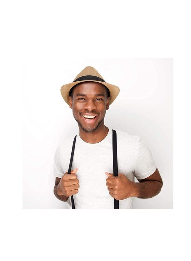 Straw Hat, Fashionable Unisex Straw Hat with Contrast Ribbon and Curly Brim for Men , Panama Jazz Hat Cap  - Image 4