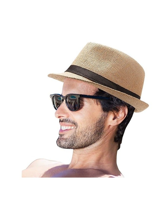 Straw Hat, Fashionable Unisex Straw Hat with Contrast Ribbon and Curly Brim for Men , Panama Jazz Hat Cap  - Image 5