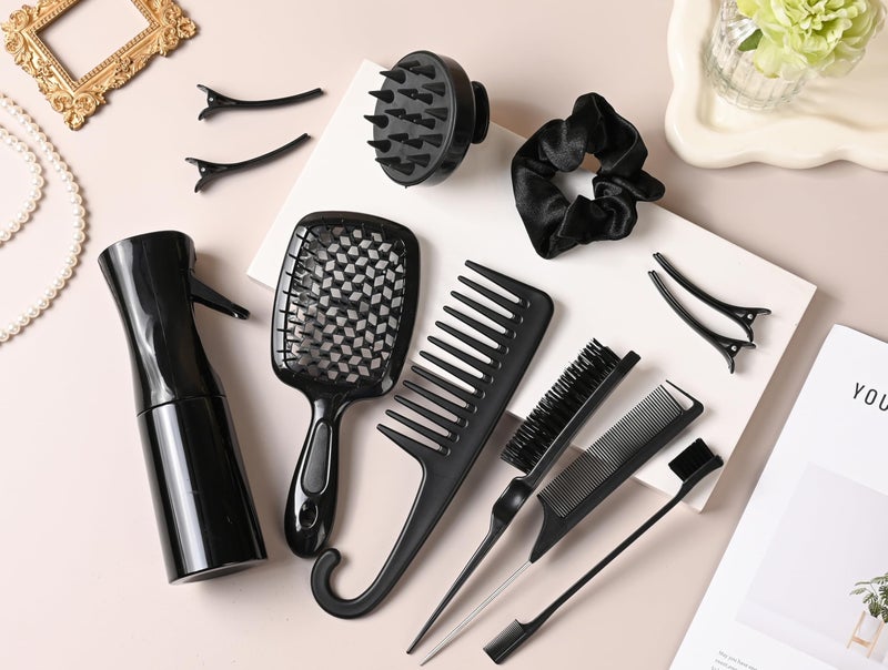 SUPHOUSE 12 Pcs Hair Styling Brush Set with Detangler, Teasing, Rat Tail, Edge Brushes and Baby Hair Brushes - Soft Bristles for Baby Girls and Women (Black) - Image 4