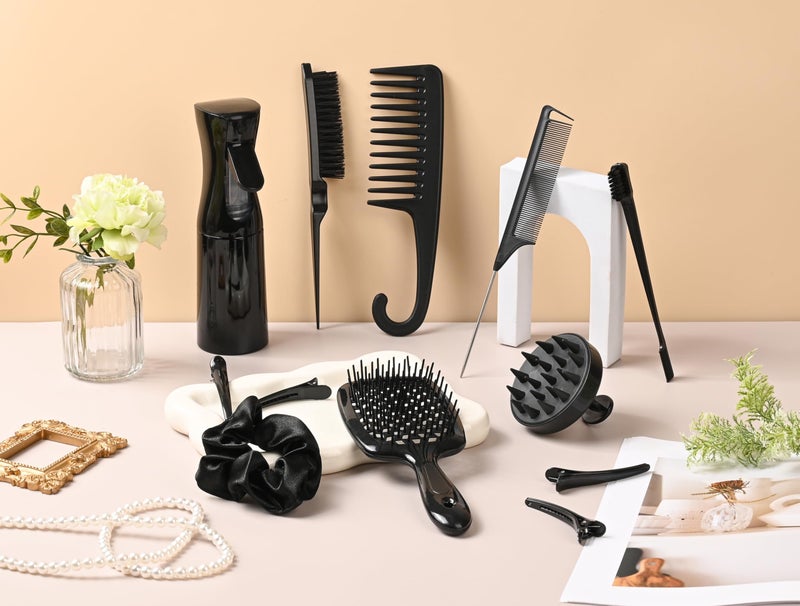 SUPHOUSE 12 Pcs Hair Styling Brush Set with Detangler, Teasing, Rat Tail, Edge Brushes and Baby Hair Brushes - Soft Bristles for Baby Girls and Women (Black) - Image 3