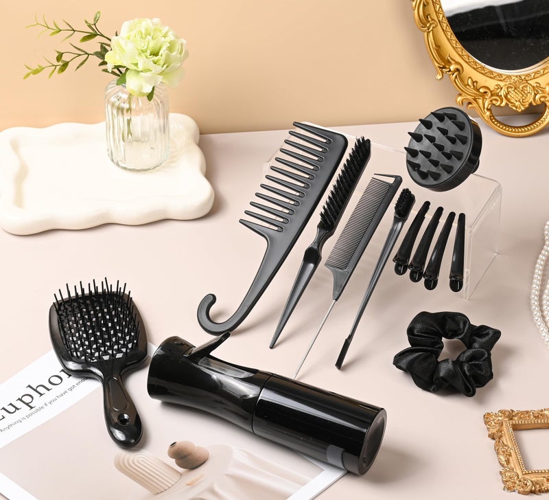 SUPHOUSE 12 Pcs Hair Styling Brush Set with Detangler, Teasing, Rat Tail, Edge Brushes and Baby Hair Brushes - Soft Bristles for Baby Girls and Women (Black) - Image 5