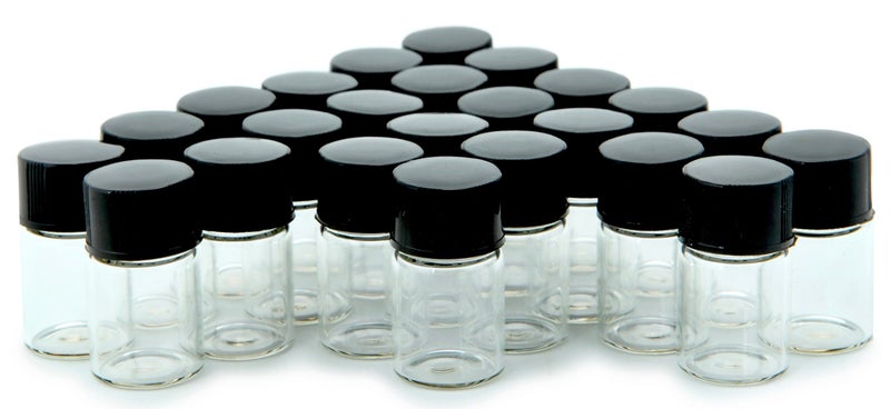 Vivaplex, 24, Clear, 1 ml (1/4 Dram) Glass Bottles, with Orifice Reducers and Black Caps - Image 1