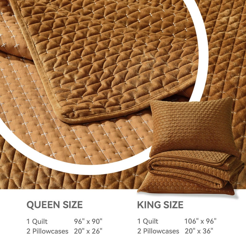 Grassix Velvet Quilt Set Queen Size, 3 Pieces Cross Stitch Bedspread Coverlet with 2 Shams for All Season, Lightweight Comforter Bedding Set, Gold Caramel, 90"x96" - Image 3