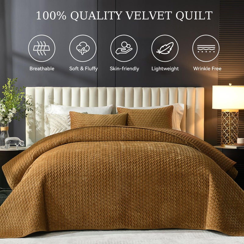 Grassix Velvet Quilt Set Queen Size, 3 Pieces Cross Stitch Bedspread Coverlet with 2 Shams for All Season, Lightweight Comforter Bedding Set, Gold Caramel, 90"x96" - Image 4