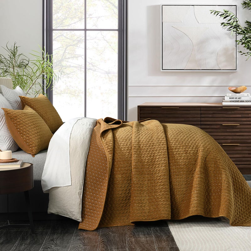 Grassix Velvet Quilt Set Queen Size, 3 Pieces Cross Stitch Bedspread Coverlet with 2 Shams for All Season, Lightweight Comforter Bedding Set, Gold Caramel, 90"x96" - Image 1