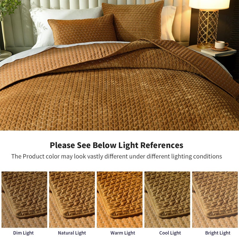 Grassix Velvet Quilt Set Queen Size, 3 Pieces Cross Stitch Bedspread Coverlet with 2 Shams for All Season, Lightweight Comforter Bedding Set, Gold Caramel, 90"x96" - Image 5