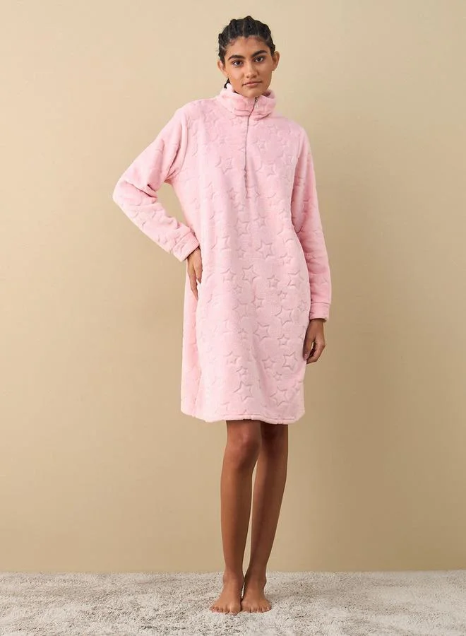 Splash FAV Textured Long Sleeves Sleepshirt with Half Zip Closure