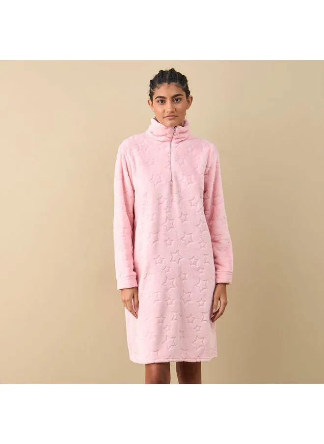 FAV Textured Long Sleeves Sleepshirt with Half Zip Closure