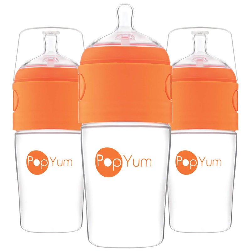 PopYum 9 oz Orange Anti-Colic Formula Making/Mixing/Dispenser Baby Bottles, 3-Pack with #2 Medium Flow Nipples, 260 ml, BPA-Free, Natural Latch - Image 1