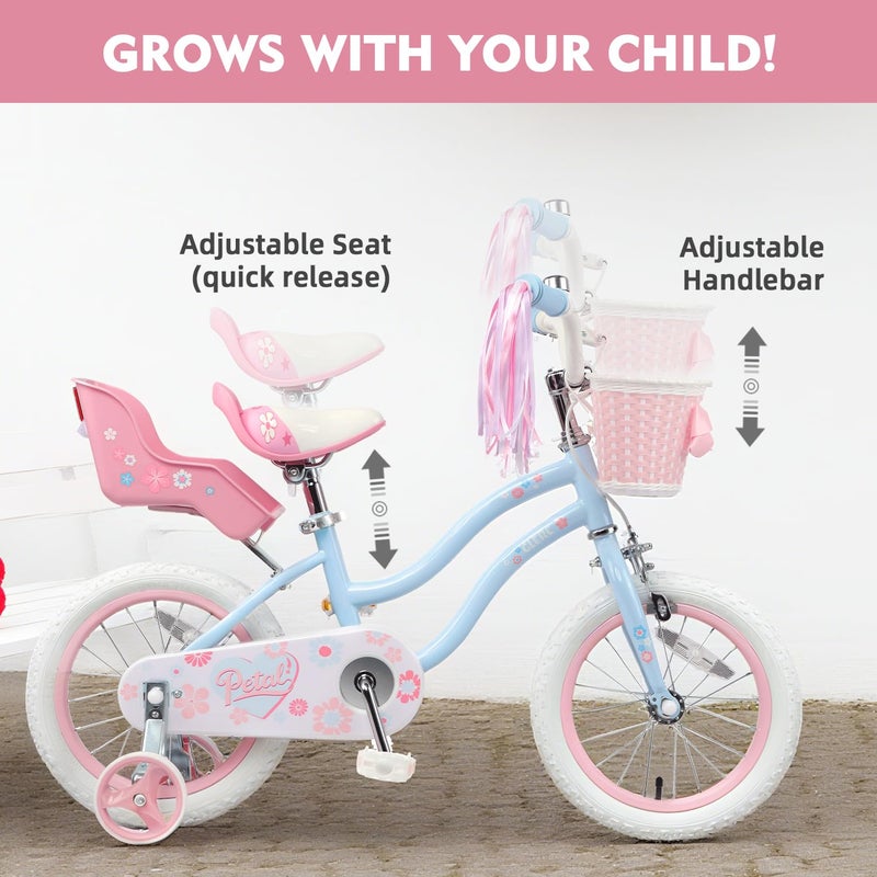 Glerc Petal Girls Bike, 12 Inch Kids Bike for Ages 2-4 Years Old, Princess Style Toddler Bike with Training Wheels & Basket & Streamers, Blue - Image 5