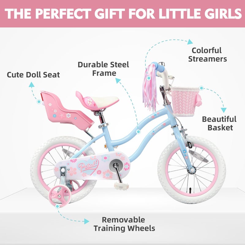 Glerc Petal Girls Bike, 12 Inch Kids Bike for Ages 2-4 Years Old, Princess Style Toddler Bike with Training Wheels & Basket & Streamers, Blue - Image 2