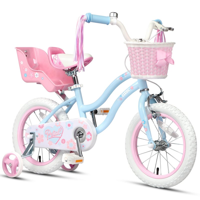 Glerc Petal Girls Bike, 12 Inch Kids Bike for Ages 2-4 Years Old, Princess Style Toddler Bike with Training Wheels & Basket & Streamers, Blue - Image 1