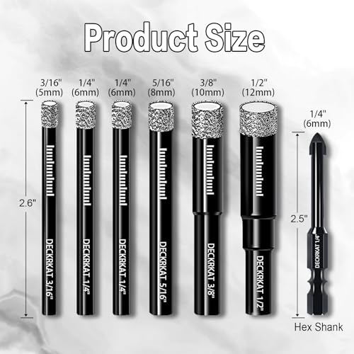DECKRKAT 7-Piece Dry Diamond Drill Bits & Carbide Tile Drill Bit Set for Tile,Ceramic,Marble,Porcelain,Glass & Granite- 3/16", 1/4" (x2), 5/16", 3/8", 1/2" + 1/4" Masonry Bit - Image 2