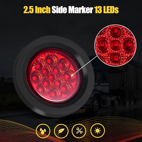 PVerandio 8Pcs 2.5" Red Round 13 LED Side Marker Clearance Lights with Light Grommet and 2-prong Wire Pigtail for Trailer Truck RV, Flush Mount, 12V, IP67 Waterproof - Image 4