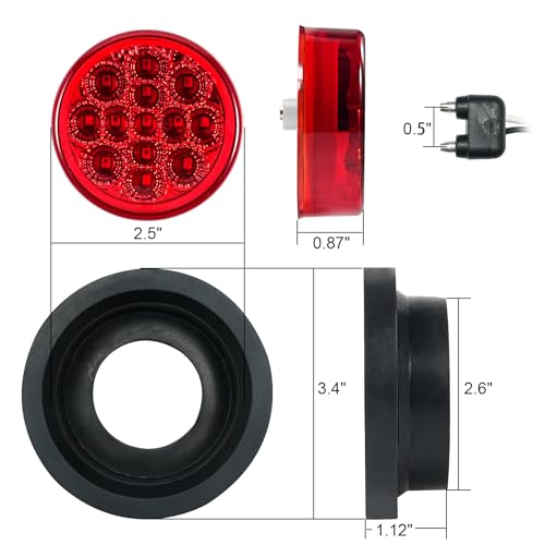 PVerandio 8Pcs 2.5" Red Round 13 LED Side Marker Clearance Lights with Light Grommet and 2-prong Wire Pigtail for Trailer Truck RV, Flush Mount, 12V, IP67 Waterproof - Image 2