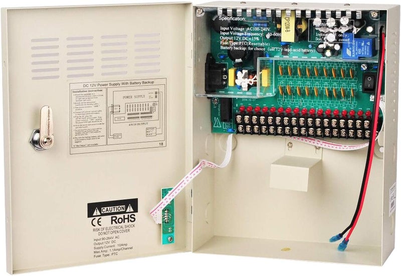 Xenocam 18 Channel 18 Way 12V 10Amp DC Metal Boxed Cabinet Regulated Power Supply Unit with Backup Battery Link for Burglar Alarms CCTV Cameras PTZ Access Control - Image 1