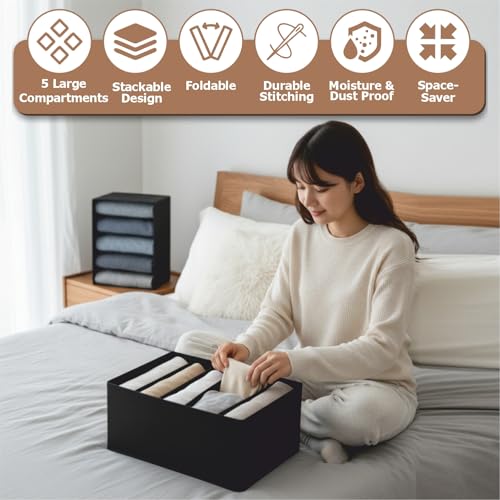JD FRESH 5 Slot Non-Woven Fabric Clothing Storage Box/Foldable Wardrobe Organizer/Multipurpose Storage Organisers for clothes/Shirts/T-Shirts/Dress/Sweaters/Jeans (Pack of 3, Black) - Image 4