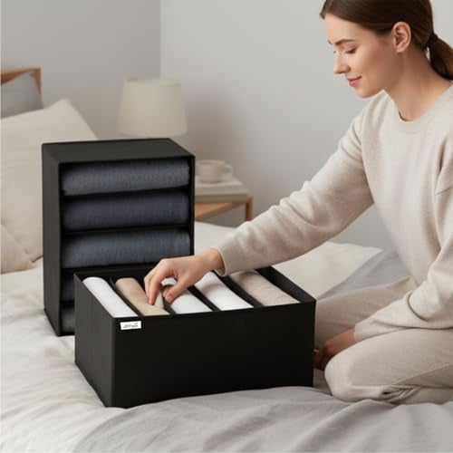 JD FRESH 5 Slot Non-Woven Fabric Clothing Storage Box/Foldable Wardrobe Organizer/Multipurpose Storage Organisers for clothes/Shirts/T-Shirts/Dress/Sweaters/Jeans (Pack of 3, Black) - Image 2