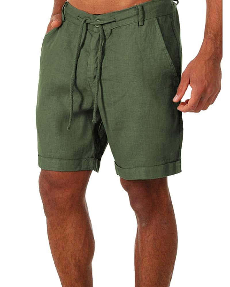 ZIWOCH Men's Linen Casual Classic Shorts Elastic Waist Summer Beach Lightweight Board Slim-Fit with Pockets Army Green - Image 1