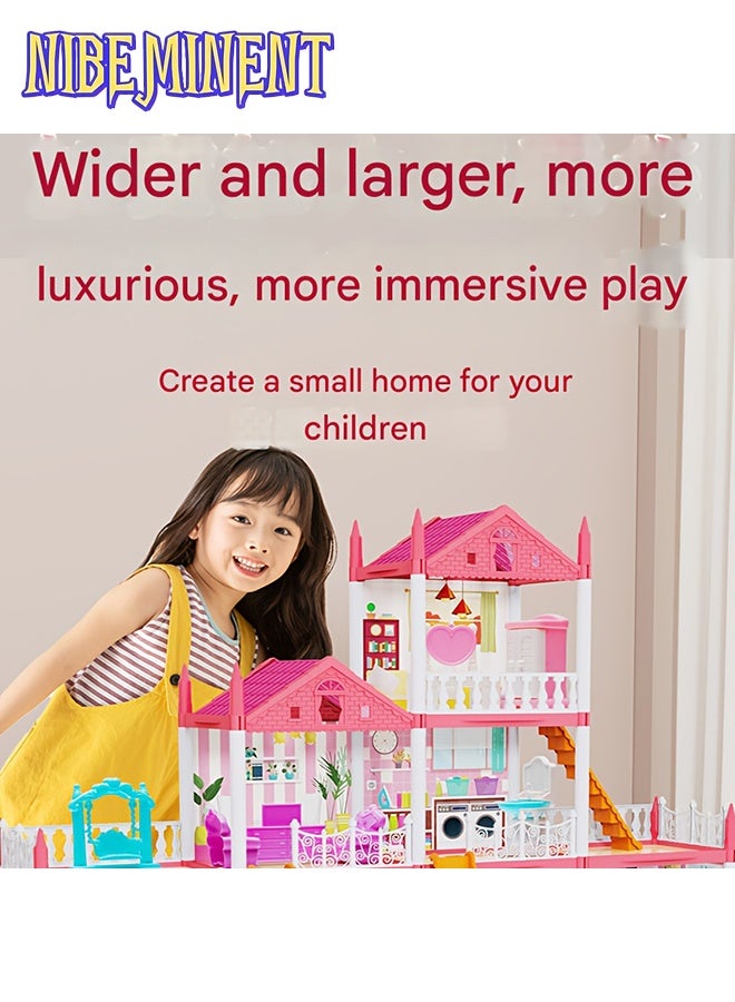 NIBEMINENT بيت دمى للفتيات، 4 طوابق و 14 غرفة، بيت أحلام للعب مع أضواء، ألعاب بناء DIY مع مطبخ، غرفة نوم، أثاث، حديقة، لعبة تعليمية فيلا كبيرة لتعزيز الإبداع والمهارات العملية، مثالية للهدايا - Image 3