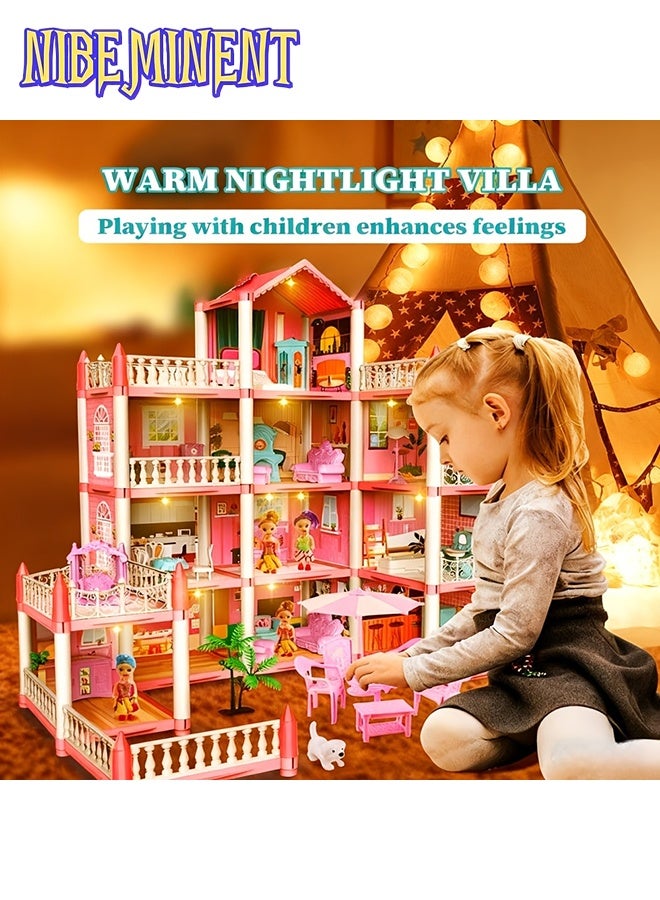 NIBEMINENT بيت دمى للفتيات، 4 طوابق و 14 غرفة، بيت أحلام للعب مع أضواء، ألعاب بناء DIY مع مطبخ، غرفة نوم، أثاث، حديقة، لعبة تعليمية فيلا كبيرة لتعزيز الإبداع والمهارات العملية، مثالية للهدايا - Image 2