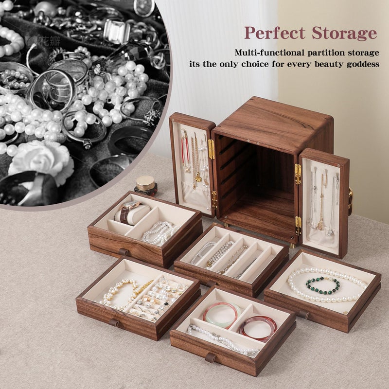 KAOTGOT Jewelry Box for Women Girls, Wooden Jewelry Box Organizer Functional With Drawers, 5 Layers Jewelry Storage Organizer for Earring, Ring, Necklace, Bracelets - Image 4