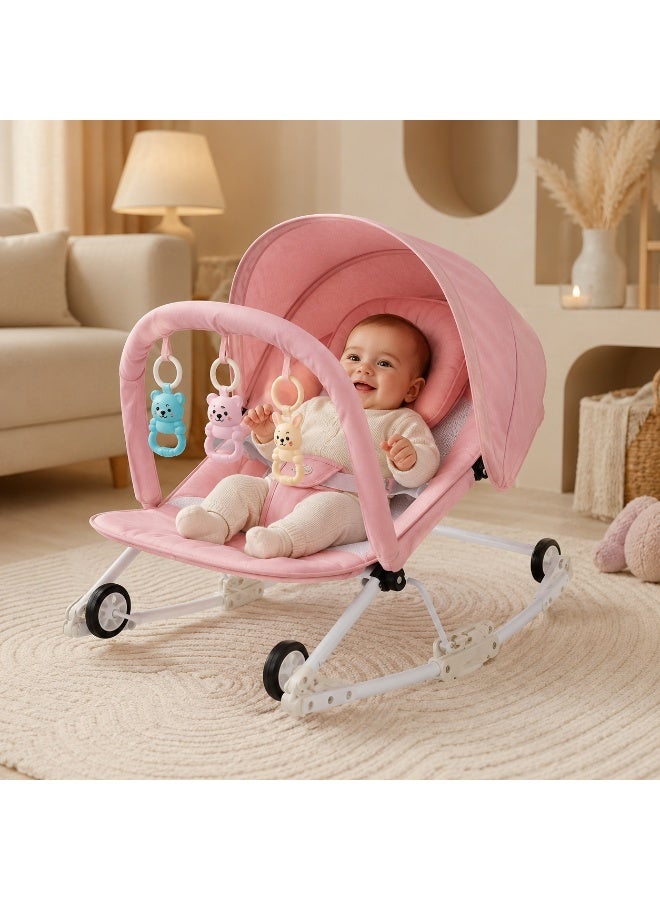 Latafah Baby Rocker Bouncer with Canopy, Hanging Toys – Adjustable Infant Rocking Chair with 3 Recline Modes – Foldable Padded Baby Seat with Safety Harness - Image 3