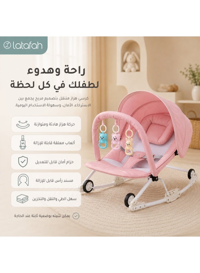 Latafah Baby Rocker Bouncer with Canopy, Hanging Toys – Adjustable Infant Rocking Chair with 3 Recline Modes – Foldable Padded Baby Seat with Safety Harness - Image 2