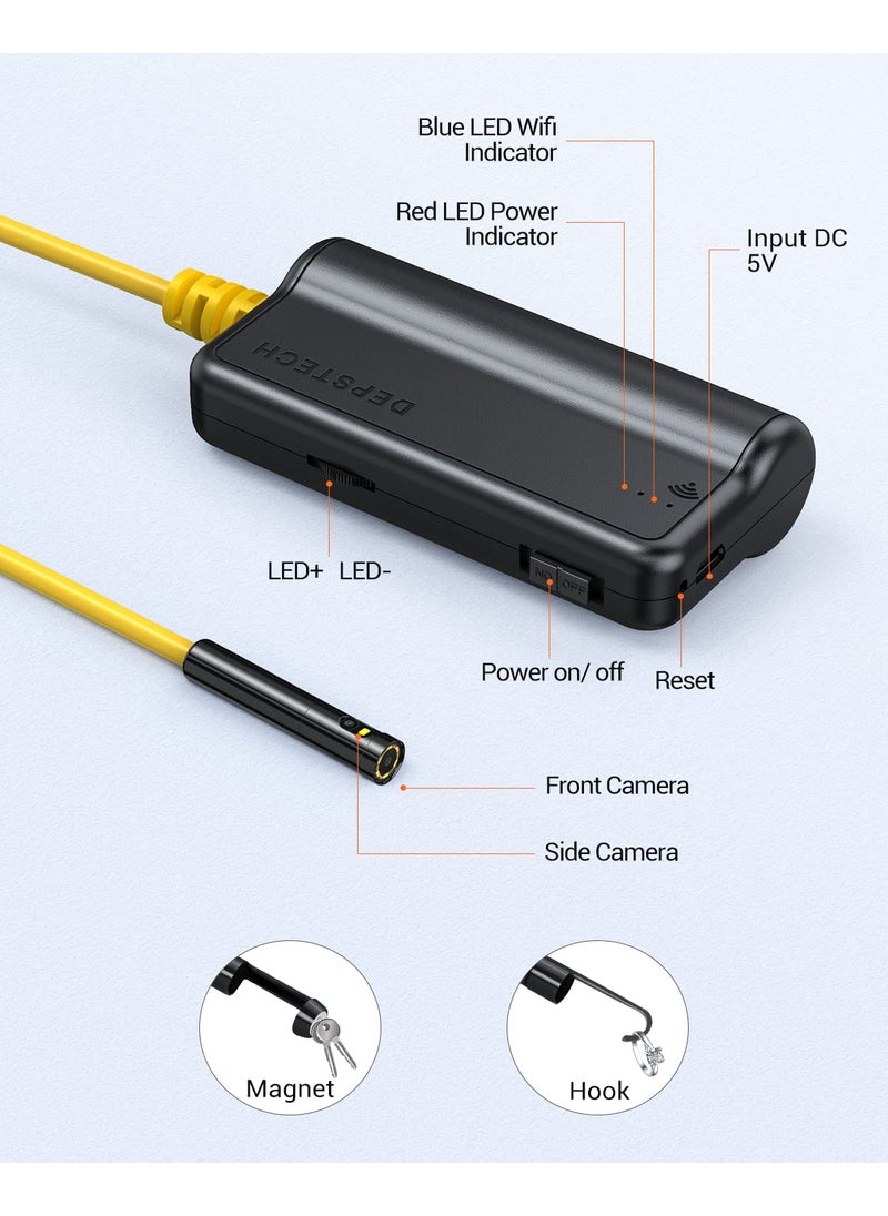 DEPSTECH Dual Lens Wireless Endoscope, 1080P Scope Snake Camera with 7 LED Lights,0.31In Lens Video HD Inspection Camera,IP67 Waterproof Borescope,16.5FT Cable for Android & iOS Phone or Tablet-Yellow