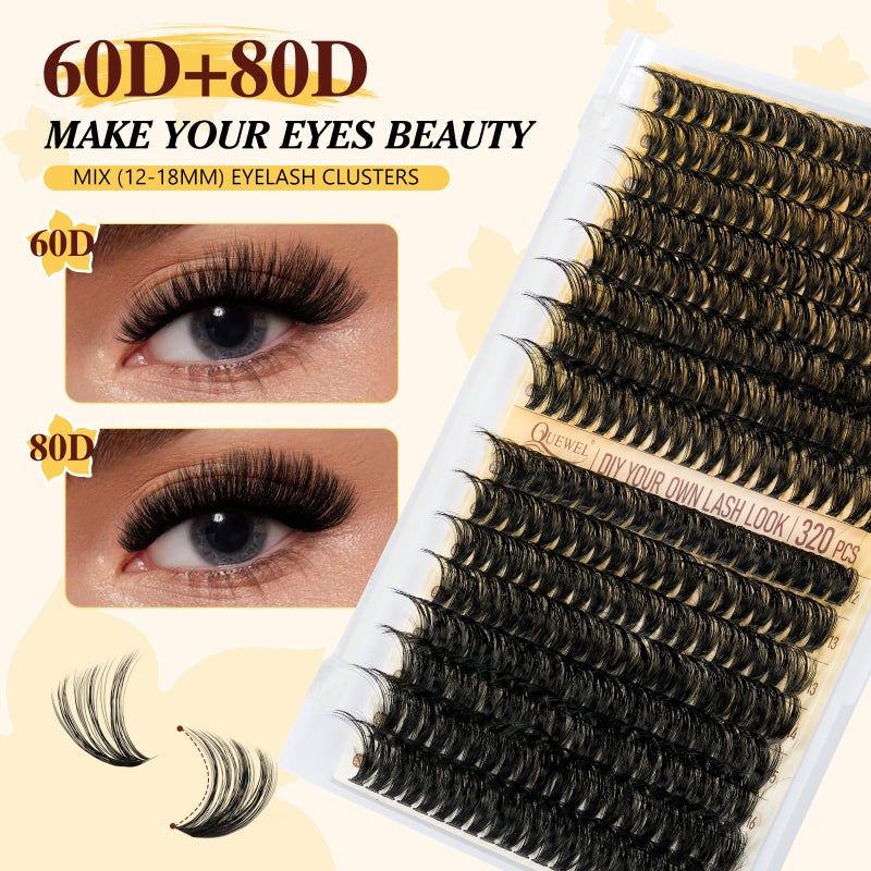QUEWEL Lash Clusters Kit, 320Pcs 60D+80D Lash Cluster Eyelash Extensions Mix 12-18mm 3D Eyelash Clusters with Lash Bond and Seal and Lash Tweezers Easily Create 3D Lashes Clusters at Home(60+80D Kit) - Image 3