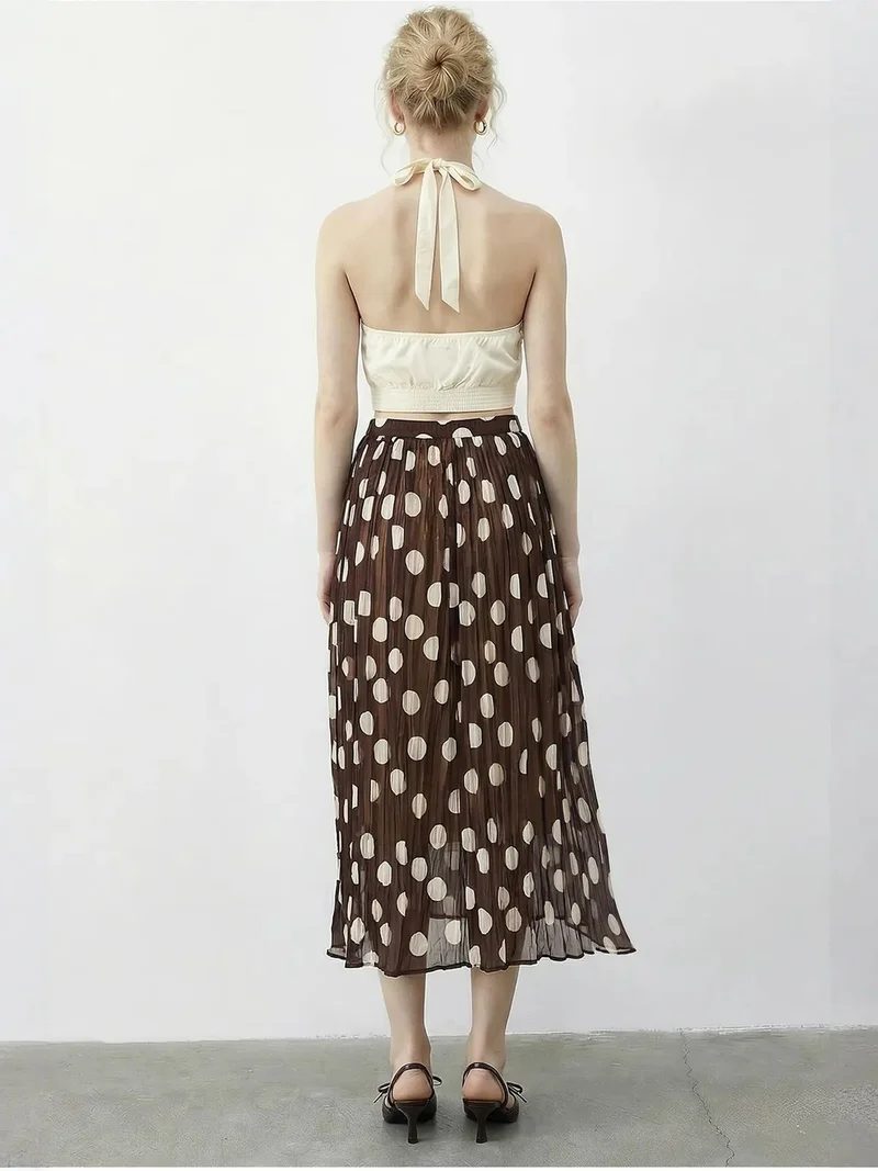 Bianco Lucci Mocha Brown LUCCI High Waist Polka Dot Maxi Skirt with Belt for Women | Best Price UAE