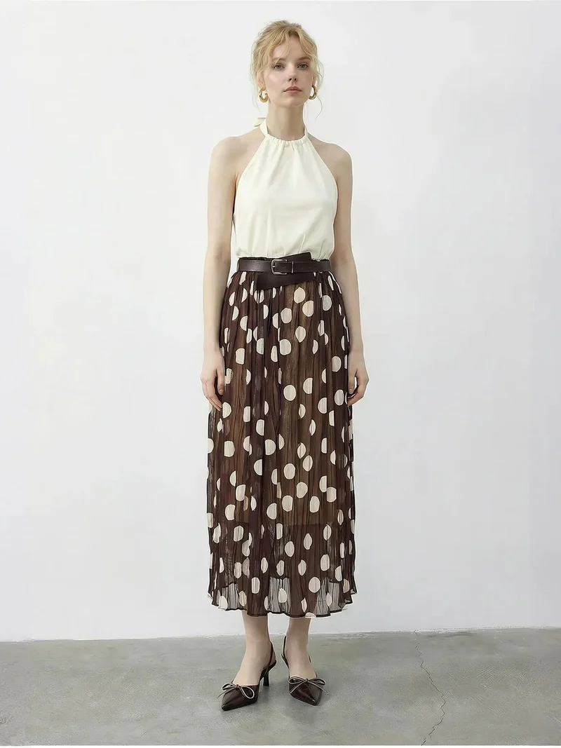 Bianco Lucci Mocha Brown LUCCI High Waist Polka Dot Maxi Skirt with Belt for Women | Best Price UAE