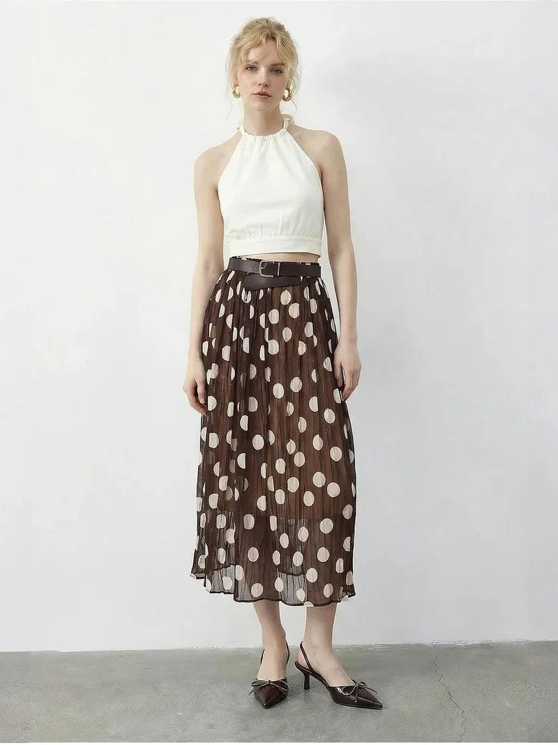LUCCI High Waist Polka Dot Maxi Skirt with Belt