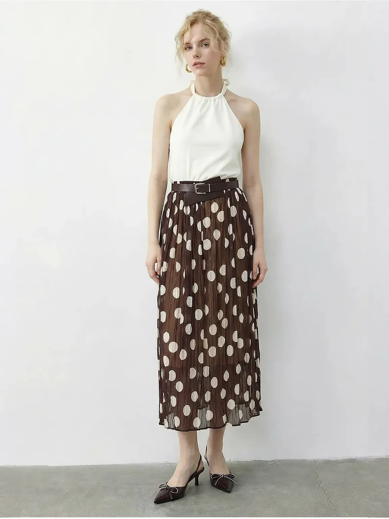 Bianco Lucci Mocha Brown LUCCI High Waist Polka Dot Maxi Skirt with Belt for Women | Best Price UAE