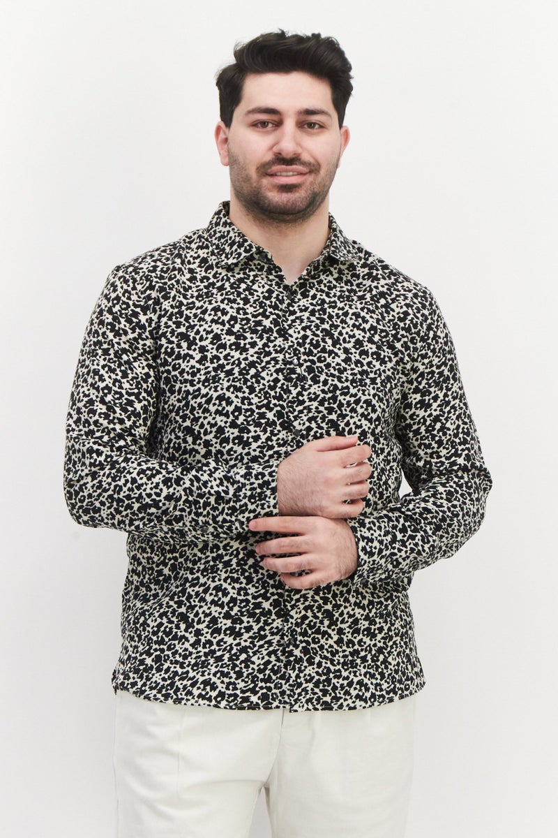 John Varvatos Men Regular Fit Animal Print Long Sleeve Casual Shirt, Black - Image 1