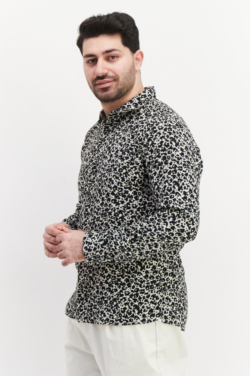 John Varvatos Men Regular Fit Animal Print Long Sleeve Casual Shirt, Black - Image 4