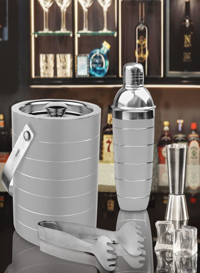 Steren Impex | Pack of 4 Piece Bar Set for Drink/Gift, Double Wall - Ice Bucket with Tong, Peg Measurer & Cocktail Shaker, Ring Design - Off White - Image 2