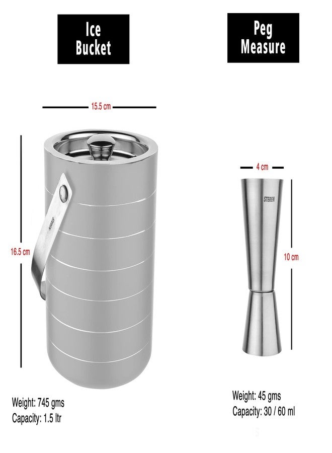 Steren Impex | Pack of 4 Piece Bar Set for Drink/Gift, Double Wall - Ice Bucket with Tong, Peg Measurer & Cocktail Shaker, Ring Design - Off White - Image 3
