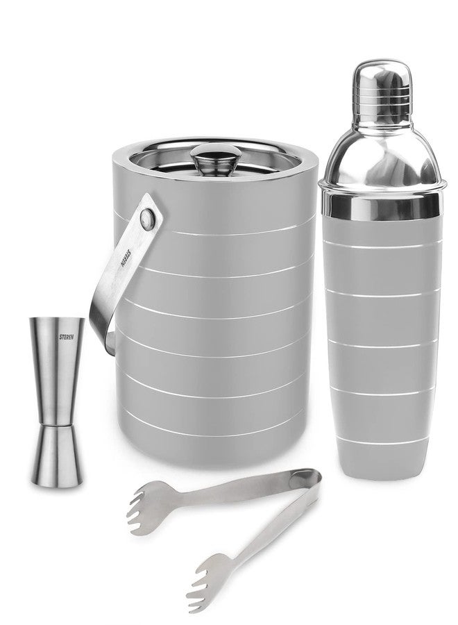 Steren Impex | Pack of 4 Piece Bar Set for Drink/Gift, Double Wall - Ice Bucket with Tong, Peg Measurer & Cocktail Shaker, Ring Design - Off White - Image 1
