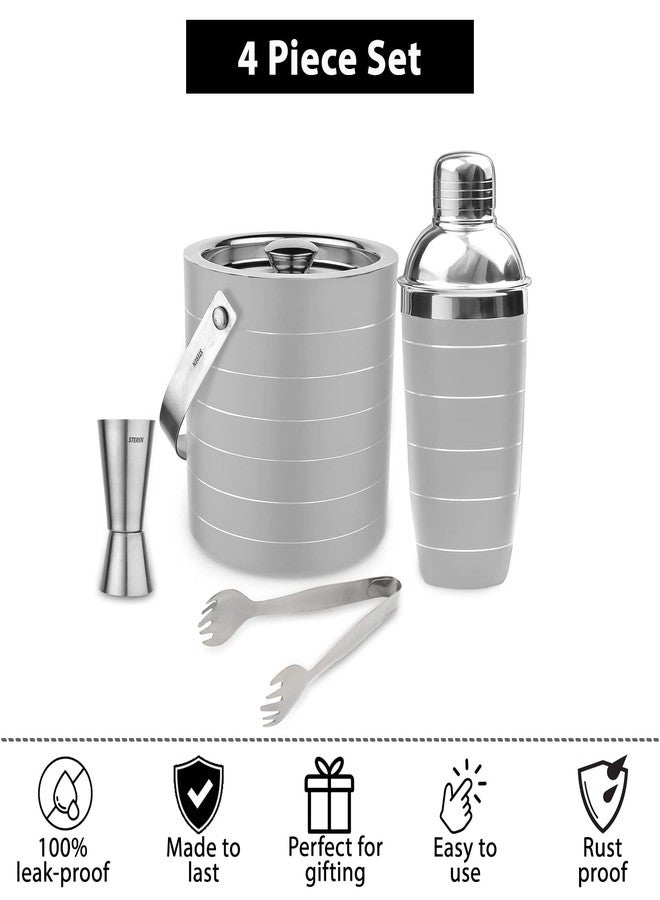Steren Impex | Pack of 4 Piece Bar Set for Drink/Gift, Double Wall - Ice Bucket with Tong, Peg Measurer & Cocktail Shaker, Ring Design - Off White - Image 5